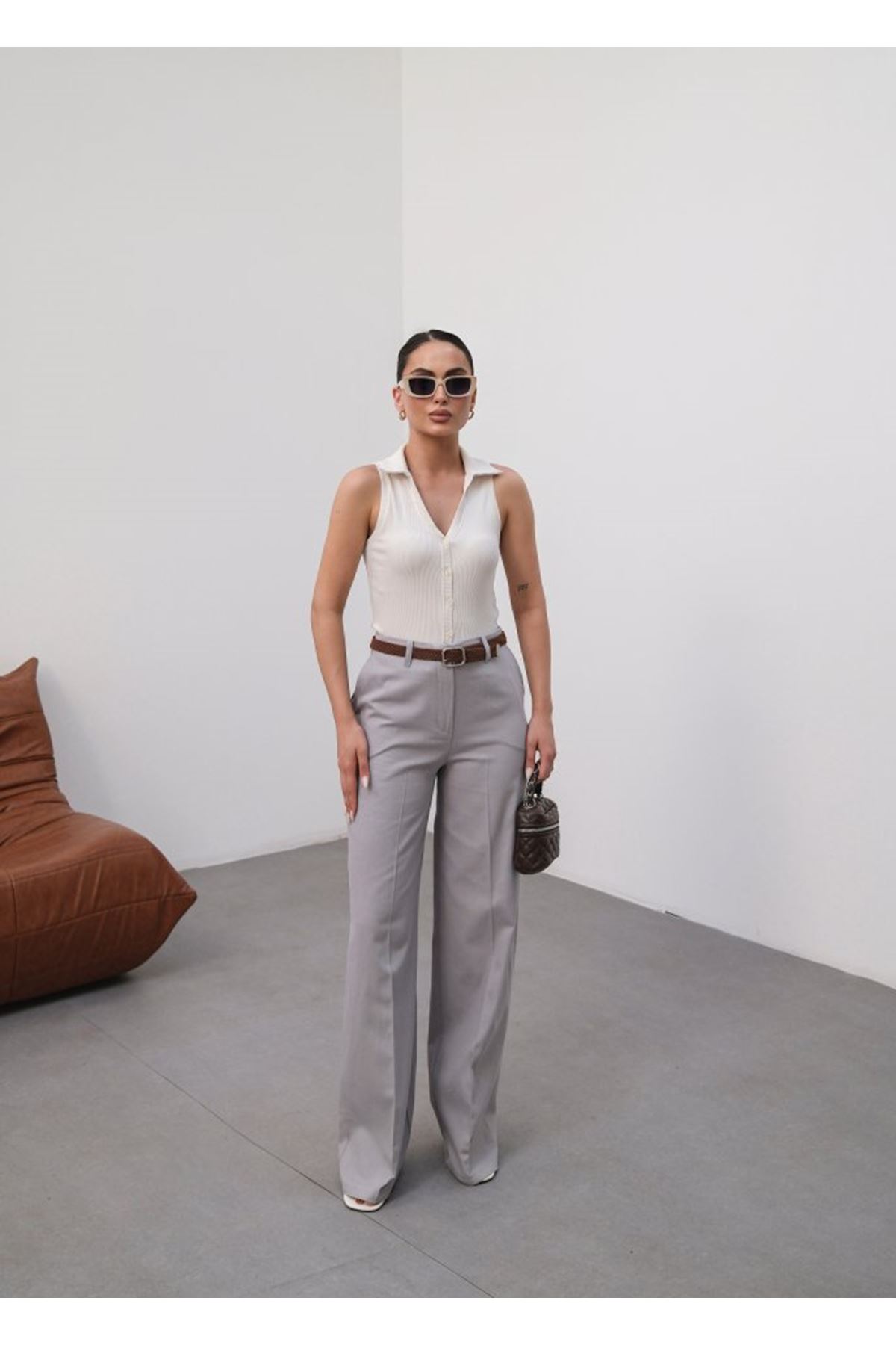 Keten Kemerli̇ Ve Dökümlü Palazzo Pantolon (Kemer Dahi̇l)