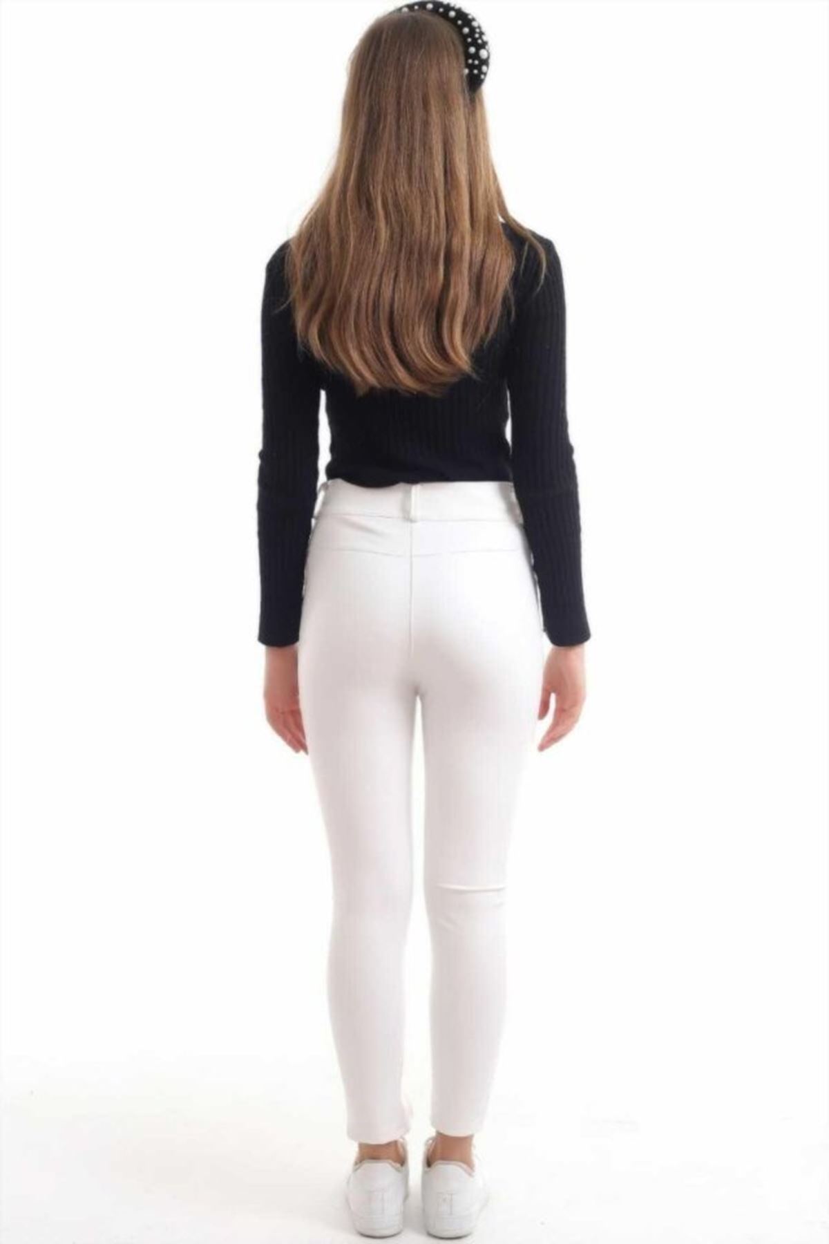 Beyaz Taş İşlemeli Deri Tayt