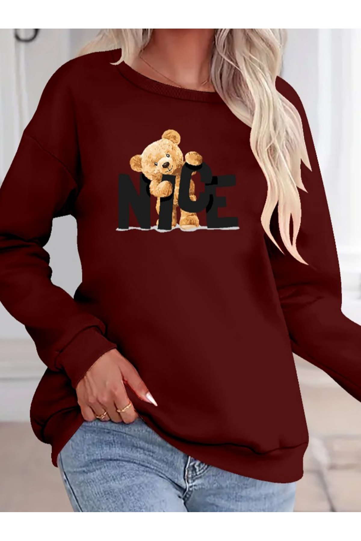 Kadın Uzun Kollu Bisiklet Yaka Viskon Iki Iplik Bluz