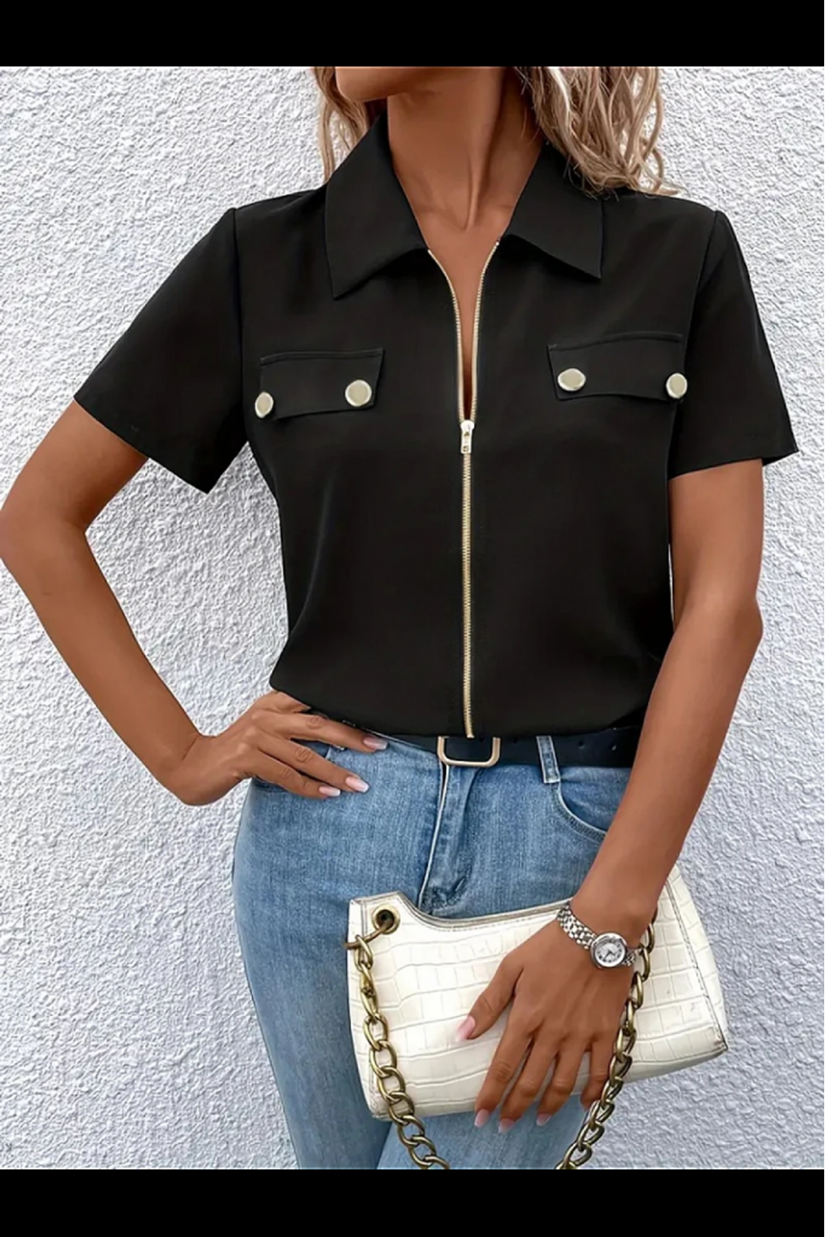 Kadın Kısa Kollu Ceket Yaka önü Fermuarlı Cep Detay Kısa Kol Ithal Krep Bluz