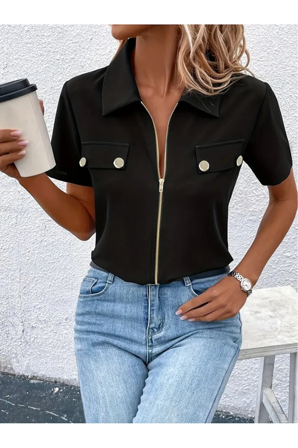 Kadın Kısa Kollu Ceket Yaka önü Fermuarlı Cep Detay Kısa Kol Ithal Krep Bluz