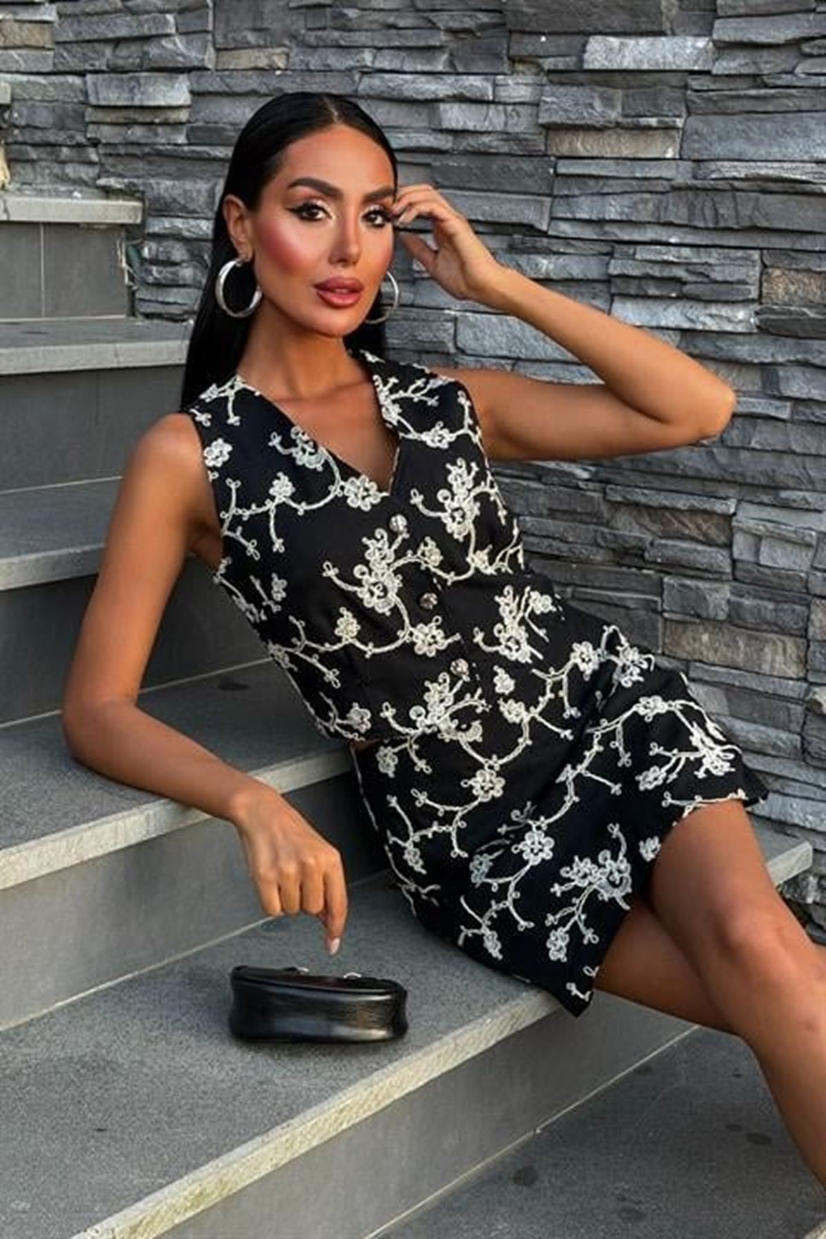 Nakışlı Yelek Şort Etekli Keten Takım 10226-08