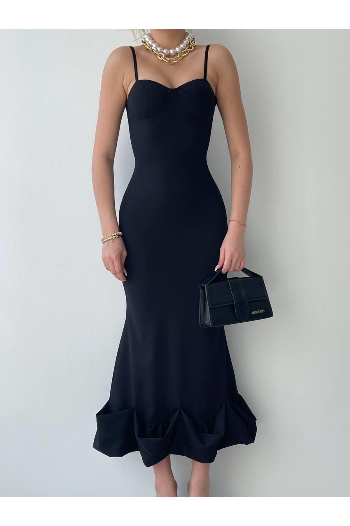 Dominic Eteği Büzgülü Midi Boy Elbise