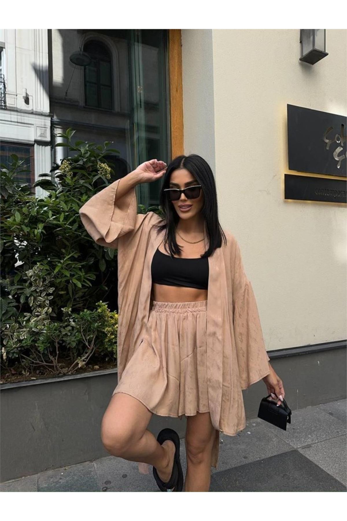 JAKARLI KİMONO - ŞORT TAKIM - Bej