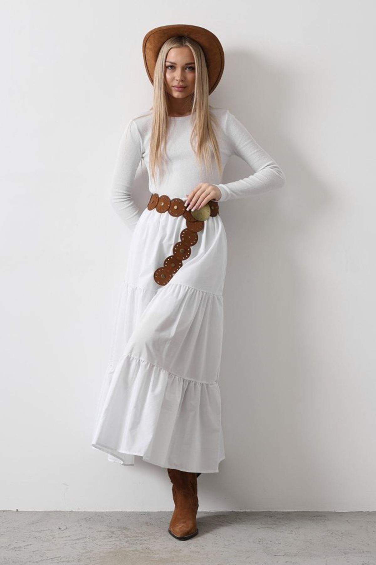 Pamuklu Beli Lastikli Etek - Beyaz