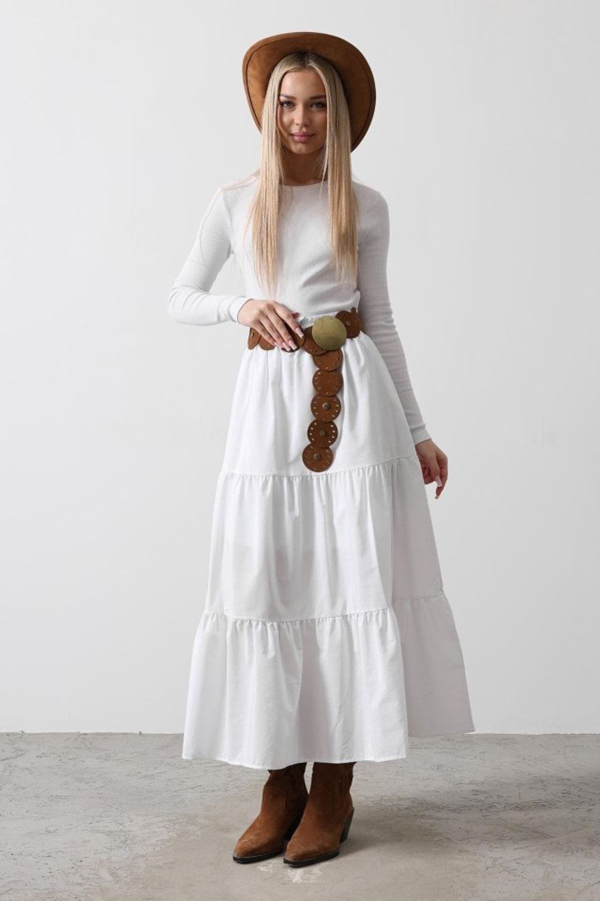 Pamuklu Beli Lastikli Etek - Beyaz