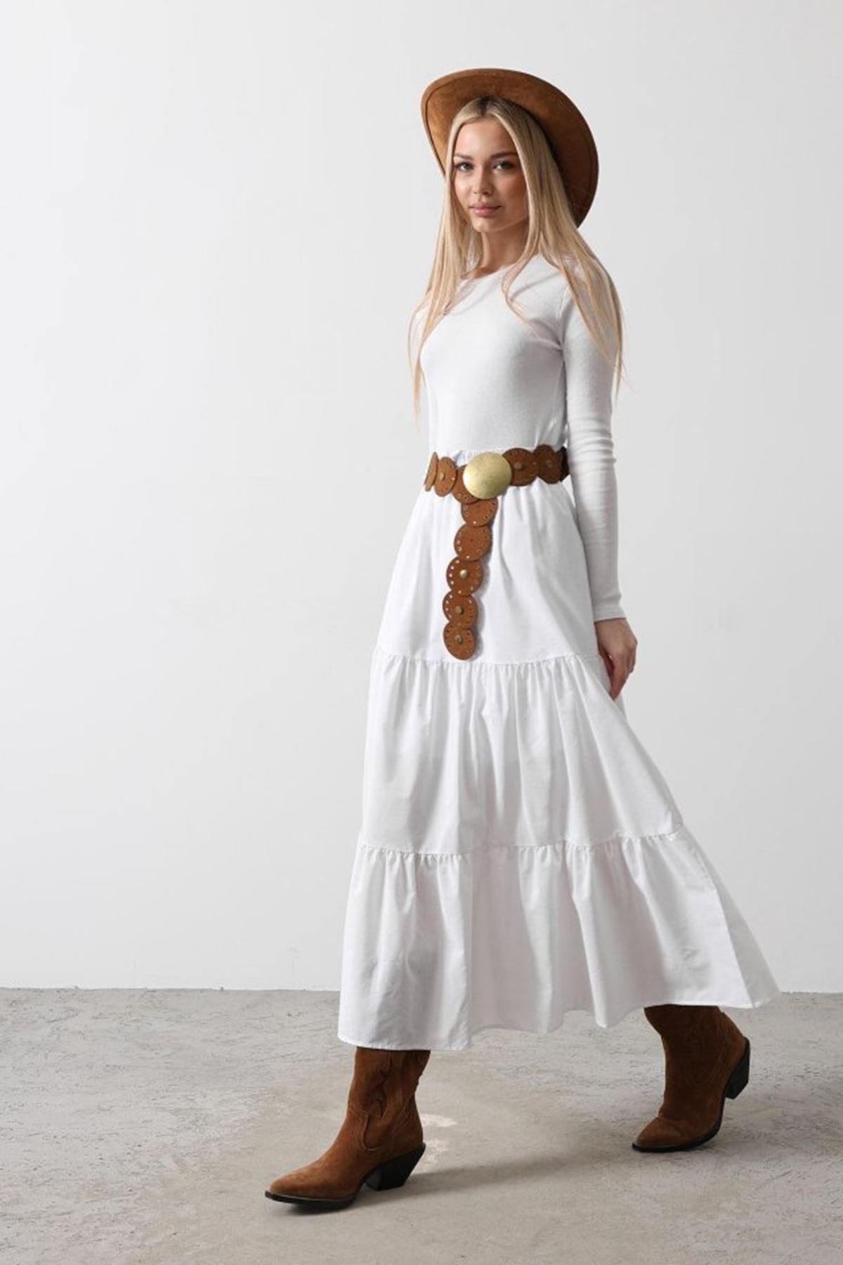 Pamuklu Beli Lastikli Etek - Beyaz