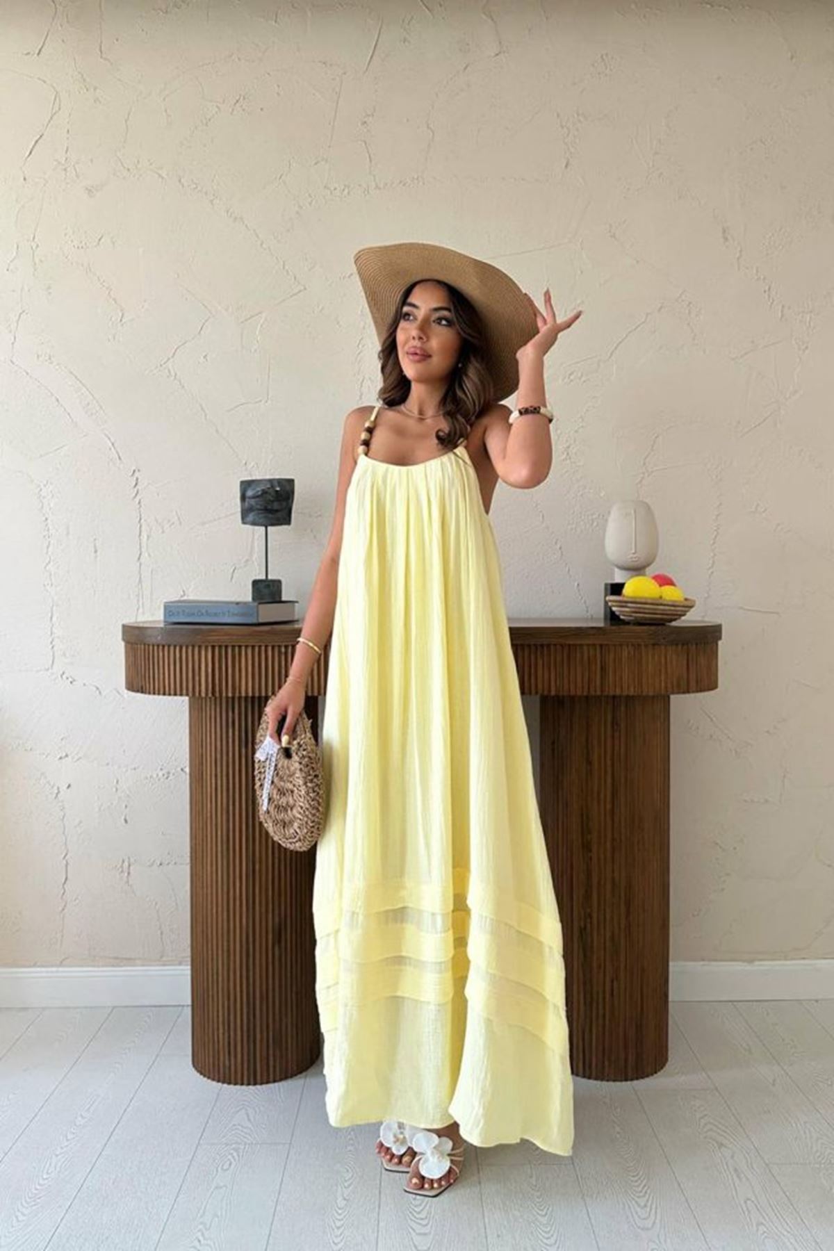 Sarı Askılı Müslin Elbise