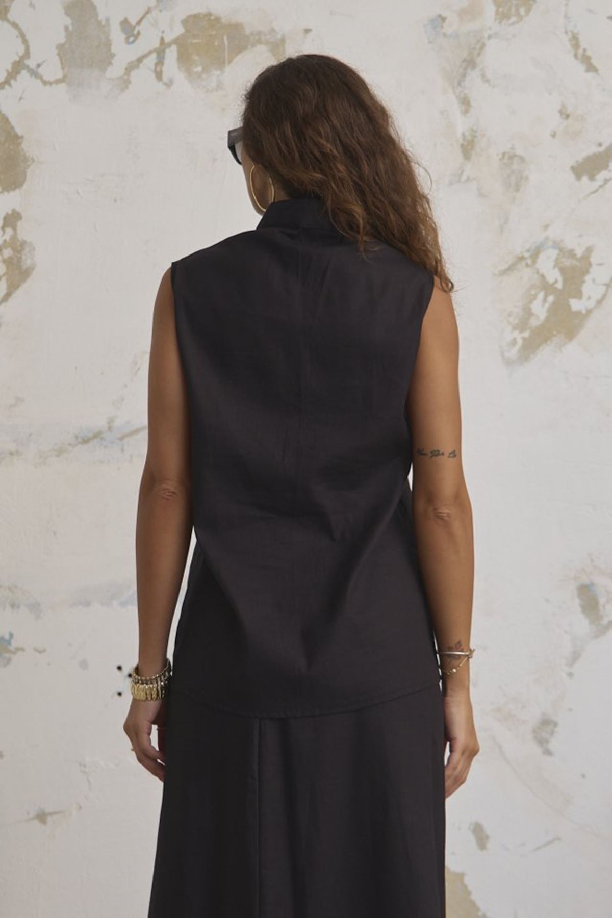 Keten Haki̇m Yaka Kolsuz Gömlek Etek Takim