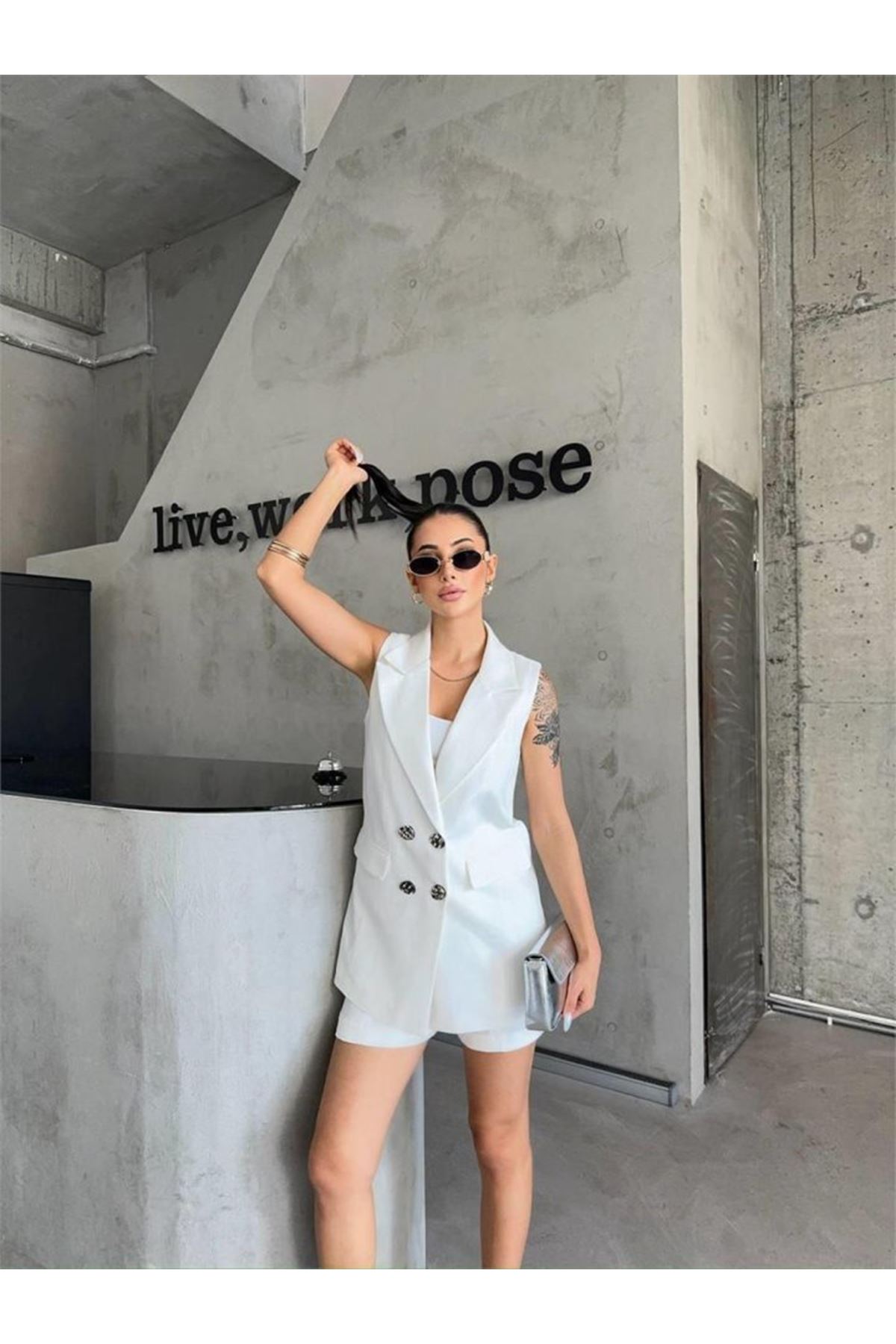 KETEN YELEK - ŞORT TAKIM - Beyaz