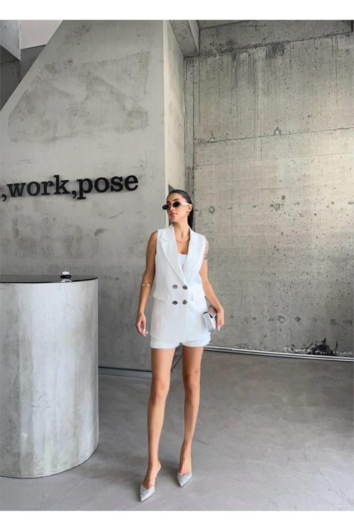 KETEN YELEK - ŞORT TAKIM - Beyaz