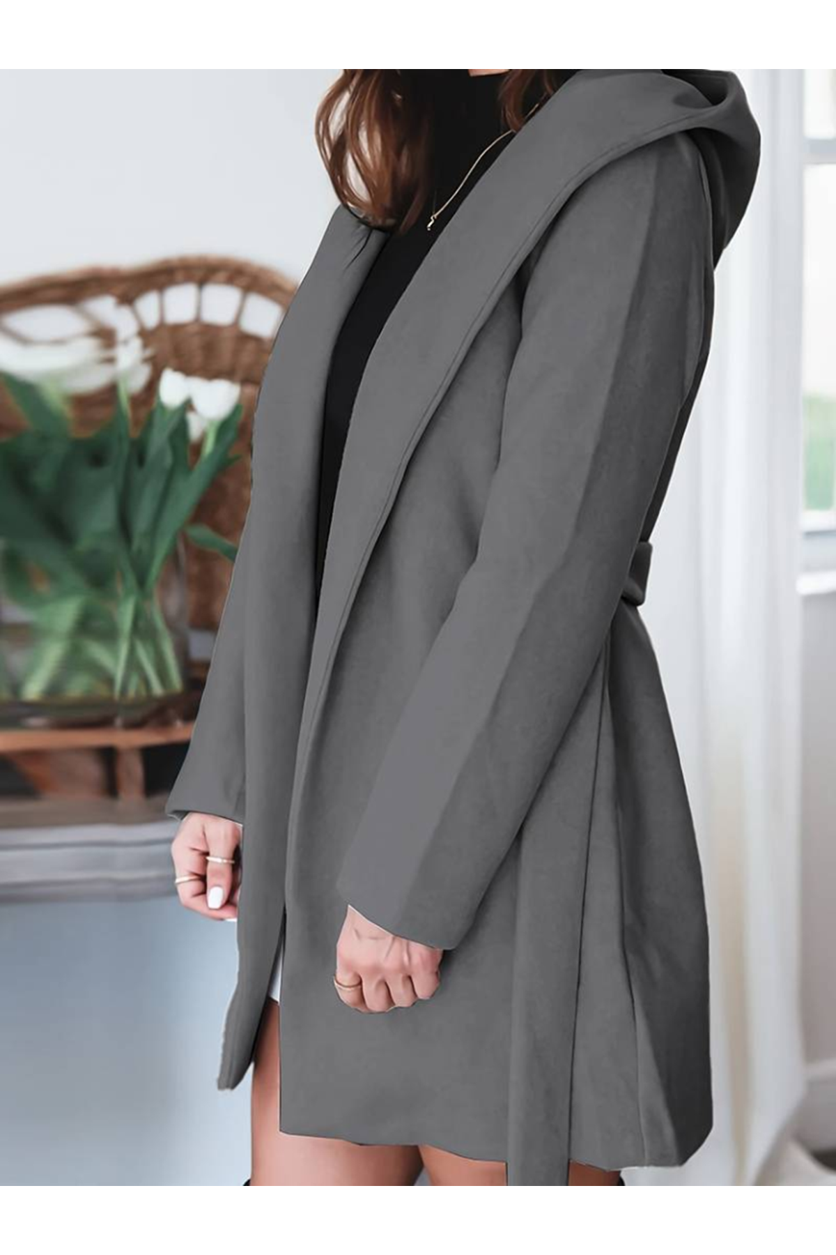 Kadın Uzun Kollu Belden Kuşaklı Kapşonlu Kısa Kaşe Kaban