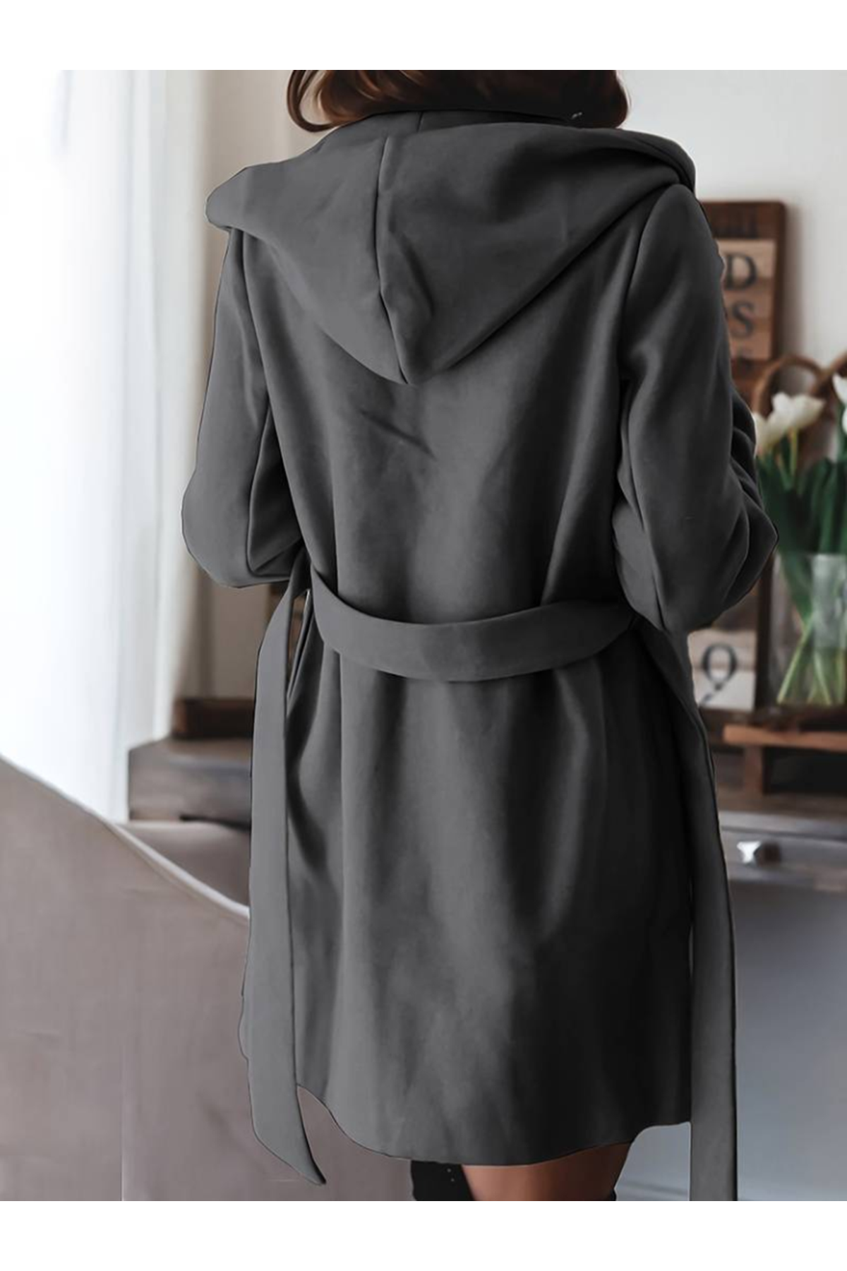 Kadın Uzun Kollu Belden Kuşaklı Kapşonlu Kısa Kaşe Kaban