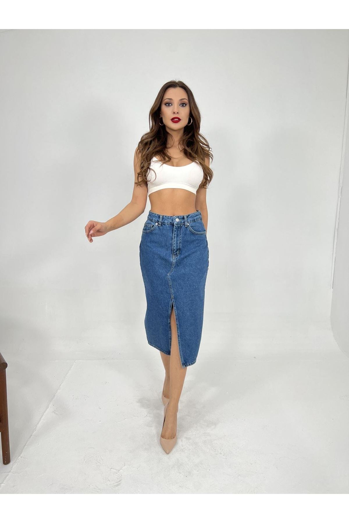 6478 DENİM MIDI SLIT SKIRT-MAVİ