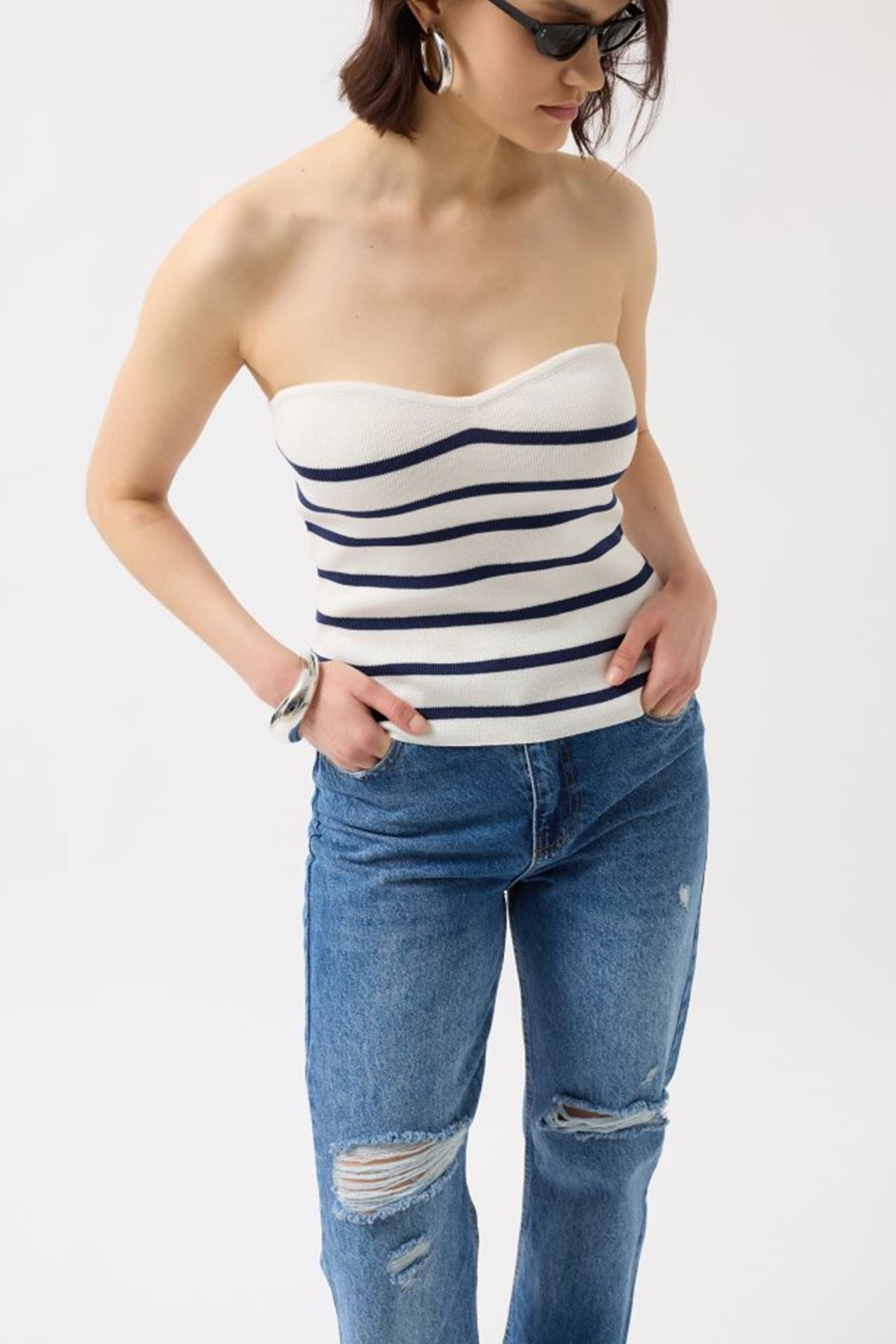 Çizgili Straplez Dokulu Bluz