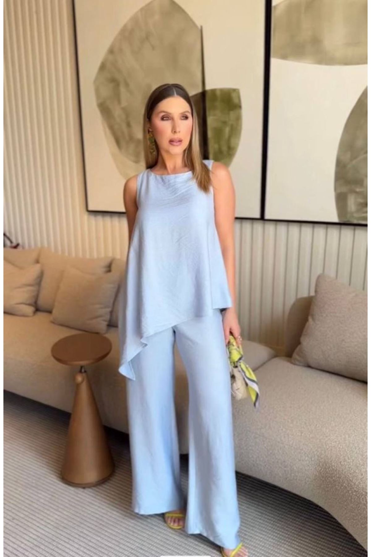 Asimetrik Bluz - Pantolon İkili Takım