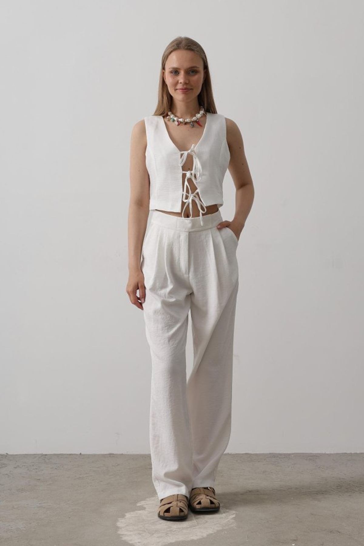 Bağlamalı Yelek - Beyaz