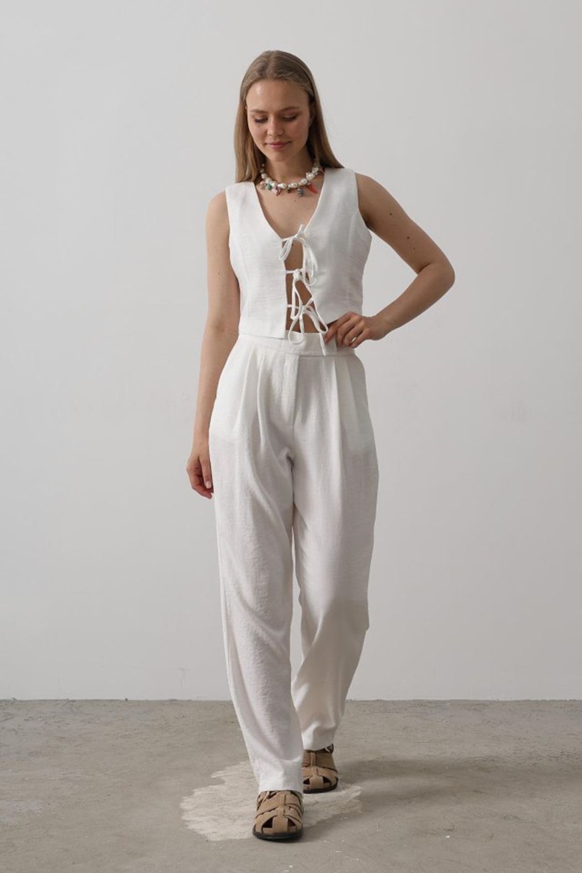 Bağlamalı Yelek - Beyaz