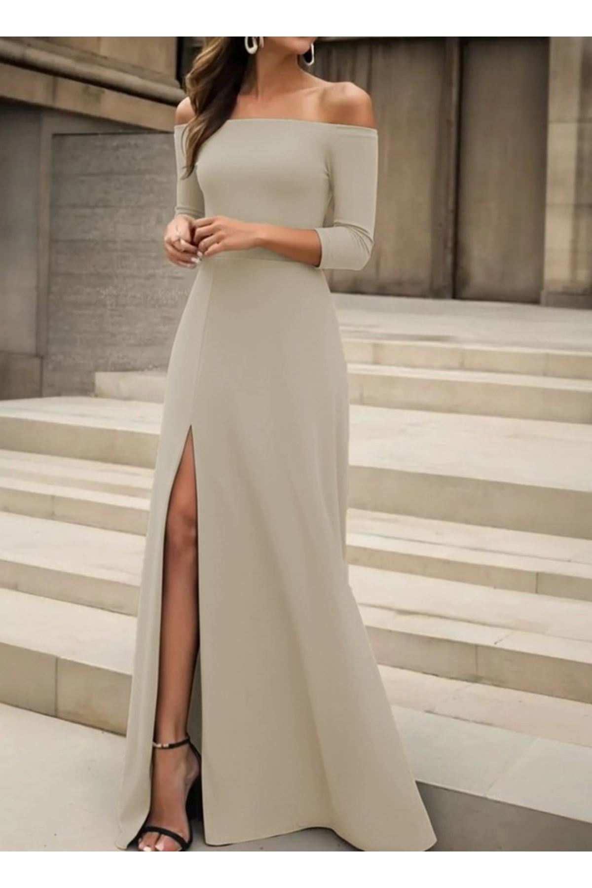 Kadın Uzun Kollu Madonna Yakalı Yırtmaç Detaylı Uzun Ithal Krep Elbise