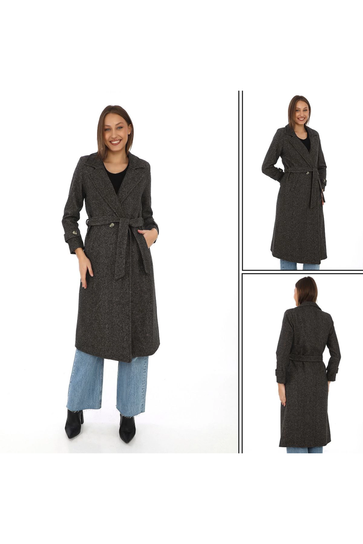 Balık Sırtı Kaşe Kaban – Uzun Boy Kruvaze Yaka Kuşaklı Astarlı Kışlık Tesettür Kaban, Yünlü Dokuma Kaşmir Kumaş, Cepli Rahat Oversize Kalıp Şık Modern Kaban Mont Modeli (Günlük Ve Özel Gün Kombinlerine Uygun) - Kahverengi