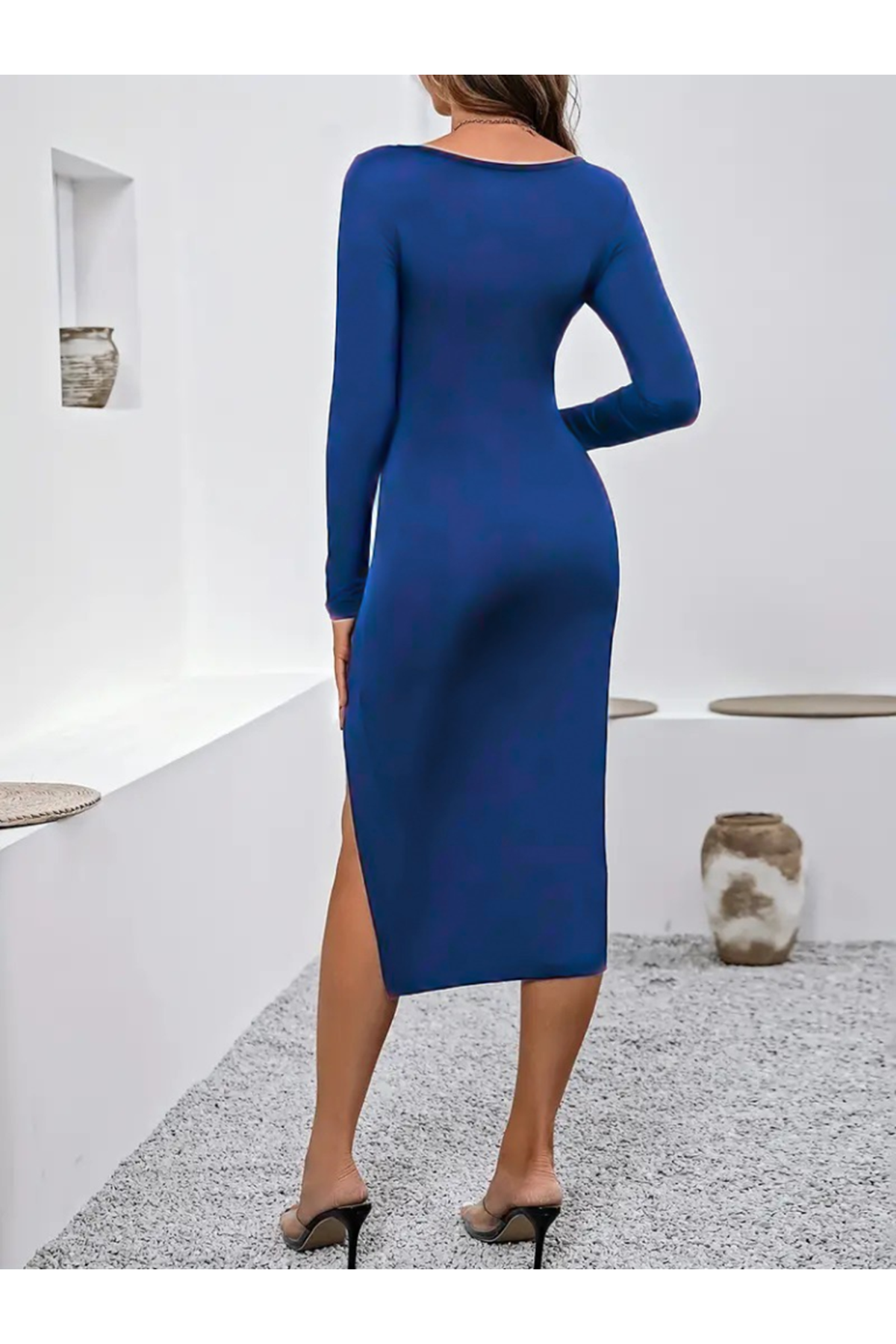 Kadın Uzun Kollu Göğüs Ve Göbek Dekolte Detay Sandy Midi Boy Elbise
