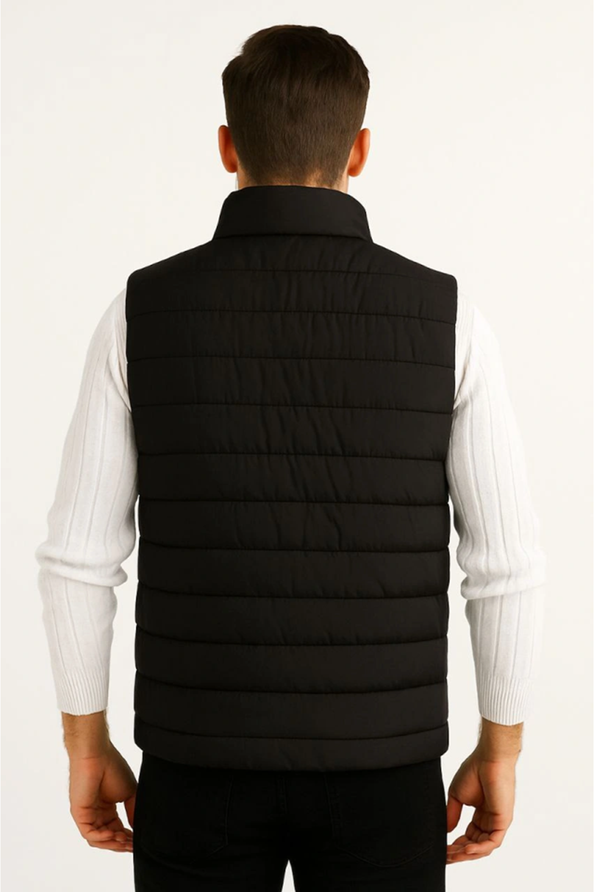 Erkek Şişme Fermuarlı Yelek Su Itici Kapitone Astarlı Kumaş Cepli Hafif Kışlık Spor Rahat Kalıp - Siyah