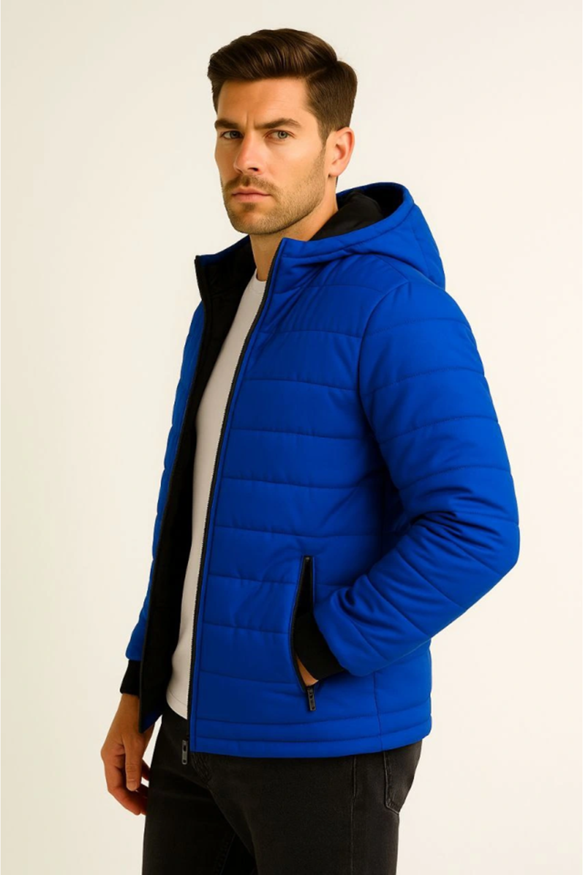 Erkek Şişme Kapüşonlu Fermuarlı Mont Su Itici Kapitone Astarlı Kumaş Cepli Kışlık Rahat Kalıp - Saks Mavisi