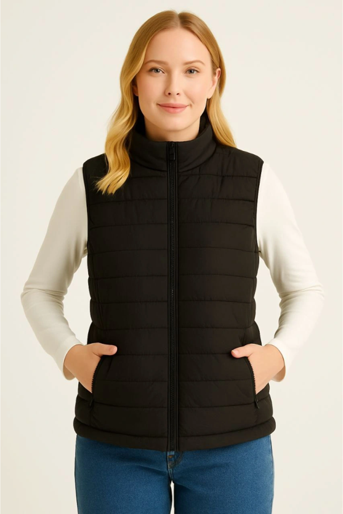 Şişme Fermuarlı Yelek Su Itici Kapitone Astarlı Kumaş Cepli Hafif Kışlık Spor Rahat Kalıp - Siyah