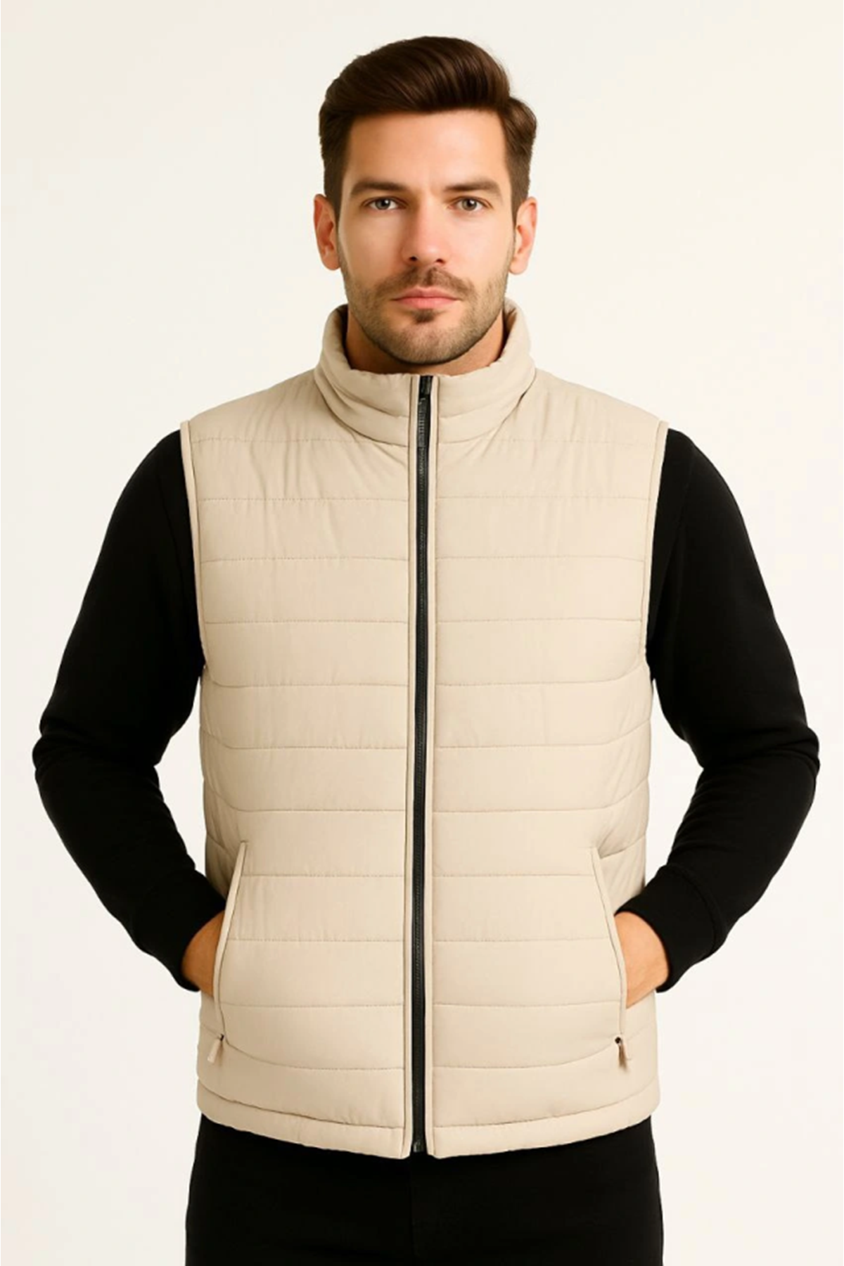 Erkek Şişme Fermuarlı Yelek Su Itici Kapitone Astarlı Kumaş Cepli Hafif Kışlık Spor Rahat Kalıp -Bej