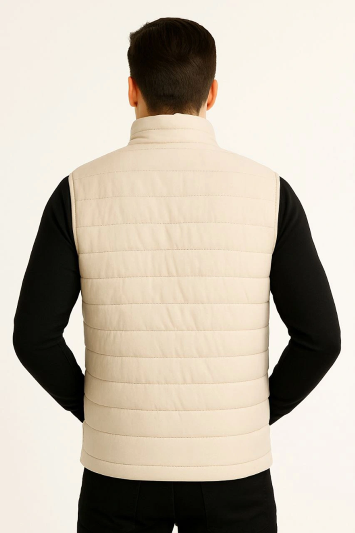 Erkek Şişme Fermuarlı Yelek Su Itici Kapitone Astarlı Kumaş Cepli Hafif Kışlık Spor Rahat Kalıp -Bej