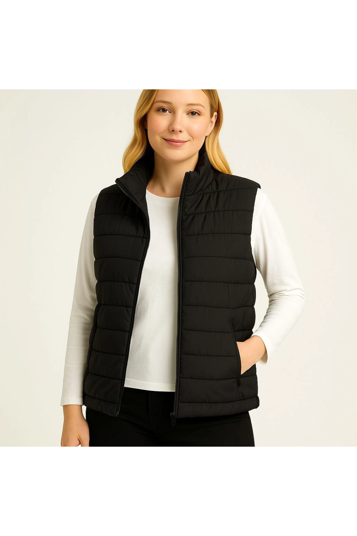 Şişme Fermuarlı Yelek Su Itici Kapitone Astarlı Kumaş Cepli Hafif Kışlık Spor Rahat Kalıp - Siyah