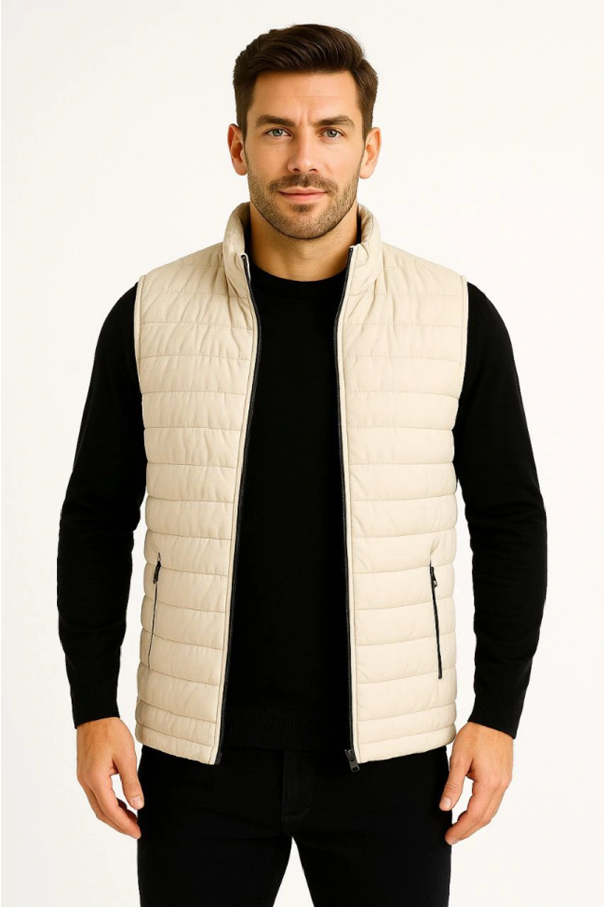 Erkek Şişme Fermuarlı Yelek Su Itici Kapitone Astarlı Kumaş Cepli Hafif Kışlık Spor Rahat Kalıp -Bej