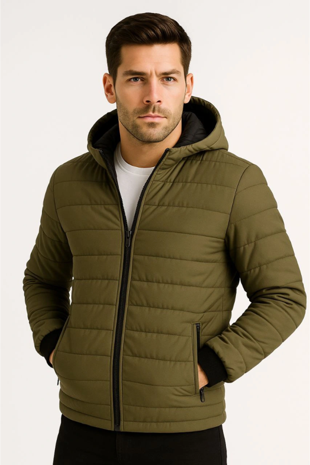 Erkek Şişme Kapüşonlu Fermuarlı Mont Su Itici Kapitone Astarlı Kumaş Cepli Kışlık Rahat Kalıp - Haki
