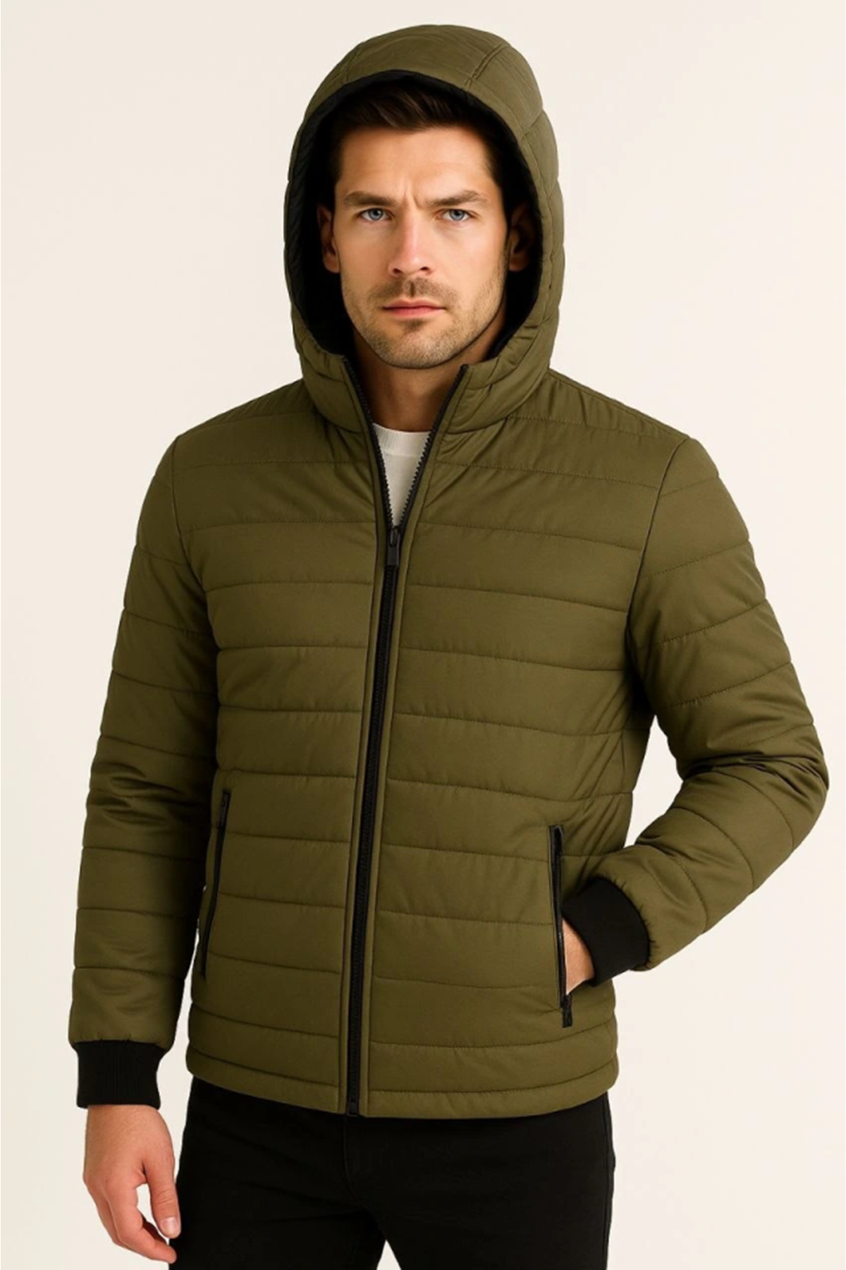 Erkek Şişme Kapüşonlu Fermuarlı Mont Su Itici Kapitone Astarlı Kumaş Cepli Kışlık Rahat Kalıp - Haki