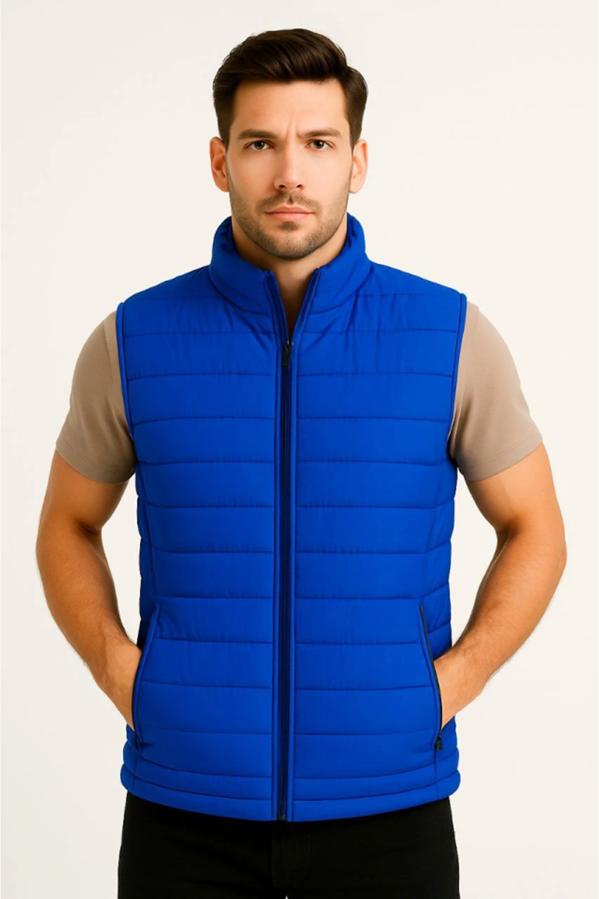 Erkek Şişme Fermuarlı Yelek Su Itici Kapitone Astarlı Kumaş Cepli Hafif Kışlık Spor Rahat Kalıp - Saks Mavisi