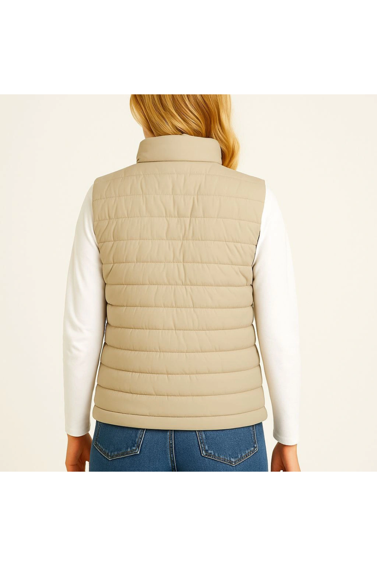 Şişme Fermuarlı Yelek Su Itici Kapitone Astarlı Kumaş Cepli Hafif Kışlık Spor Rahat Kalıp - Bej