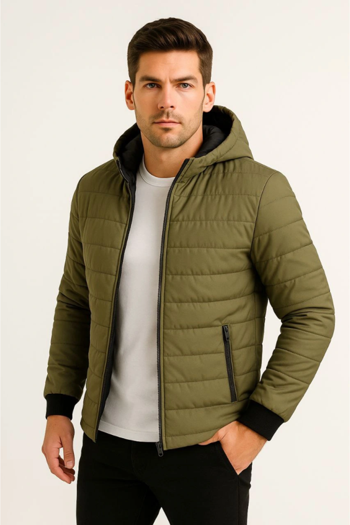 Erkek Şişme Kapüşonlu Fermuarlı Mont Su Itici Kapitone Astarlı Kumaş Cepli Kışlık Rahat Kalıp - Haki