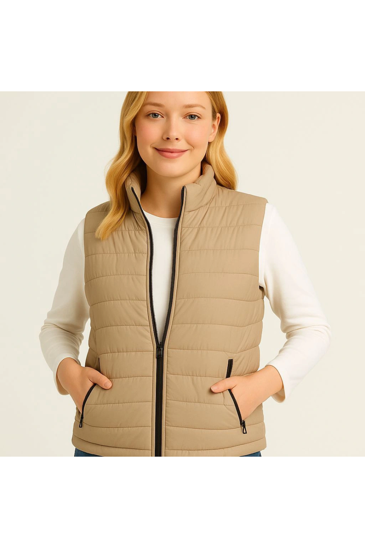 Şişme Fermuarlı Yelek Su Itici Kapitone Astarlı Kumaş Cepli Hafif Kışlık Spor Rahat Kalıp - Bej