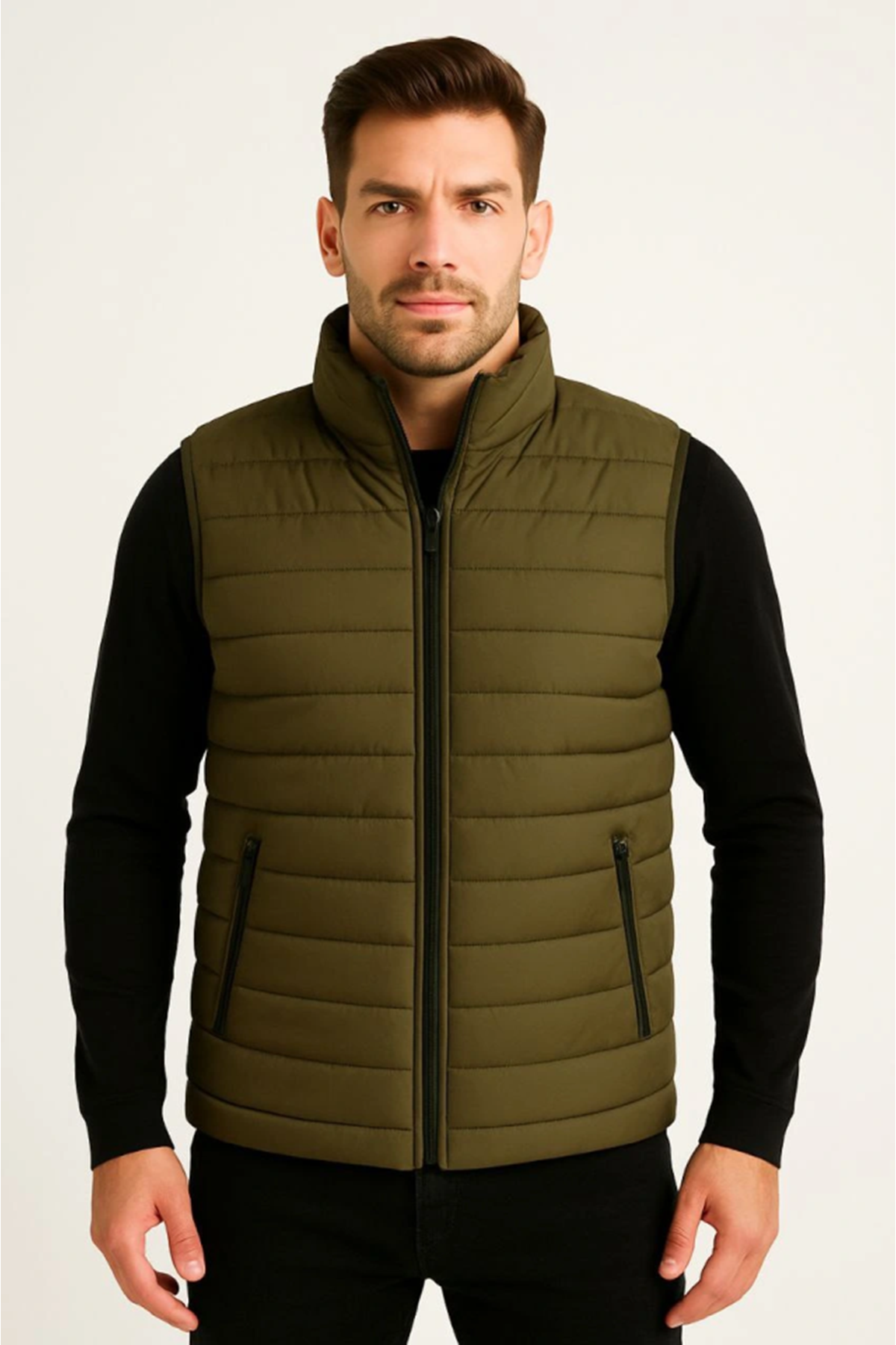 Erkek Şişme Fermuarlı Yelek Su Itici Kapitone Astarlı Kumaş Cepli Hafif Kışlık Spor Rahat Kalıp - Haki