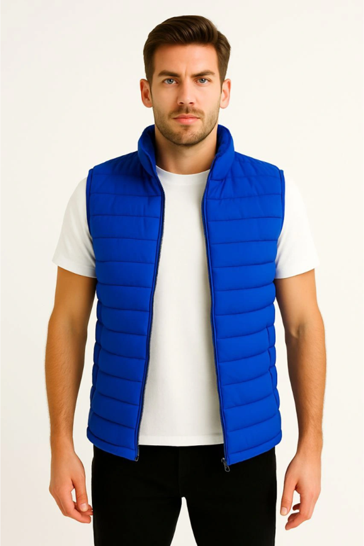 Erkek Şişme Fermuarlı Yelek Su Itici Kapitone Astarlı Kumaş Cepli Hafif Kışlık Spor Rahat Kalıp - Saks Mavisi