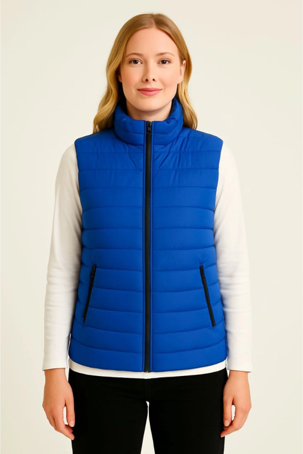 Şişme Fermuarlı Yelek Su Itici Kapitone Astarlı Kumaş Cepli Hafif Kışlık Spor Rahat Kalıp - Saks Mavisi