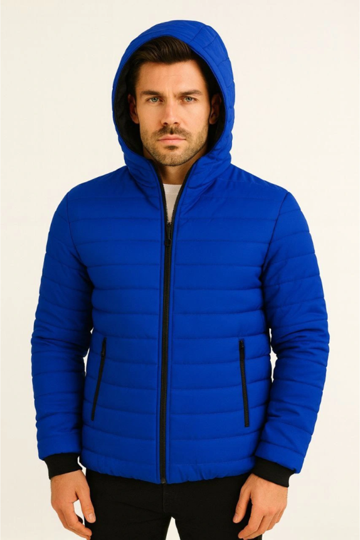 Erkek Şişme Kapüşonlu Fermuarlı Mont Su Itici Kapitone Astarlı Kumaş Cepli Kışlık Rahat Kalıp - Saks Mavisi