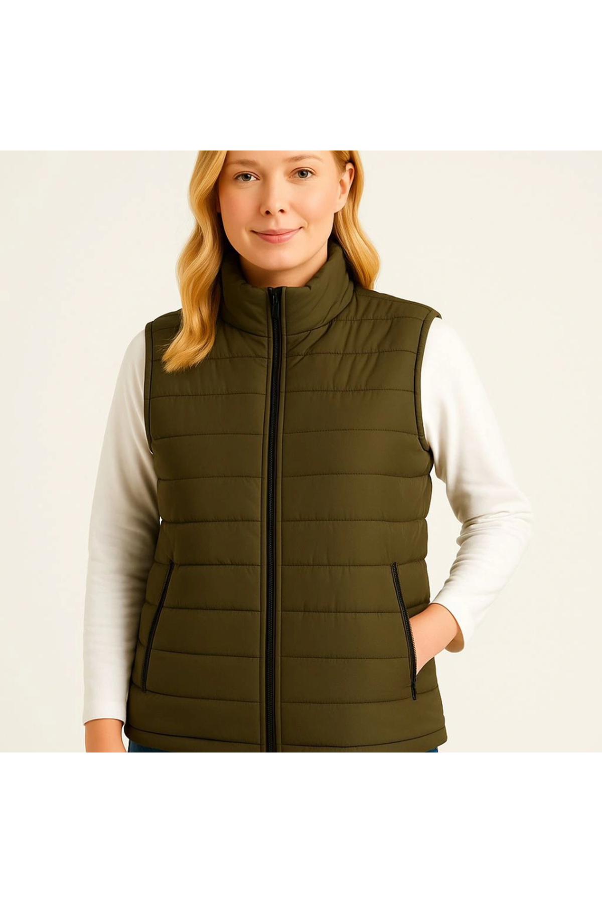 Şişme Fermuarlı Yelek Su Itici Kapitone Astarlı Kumaş Cepli Hafif Kışlık Spor Rahat Kalıp - Haki