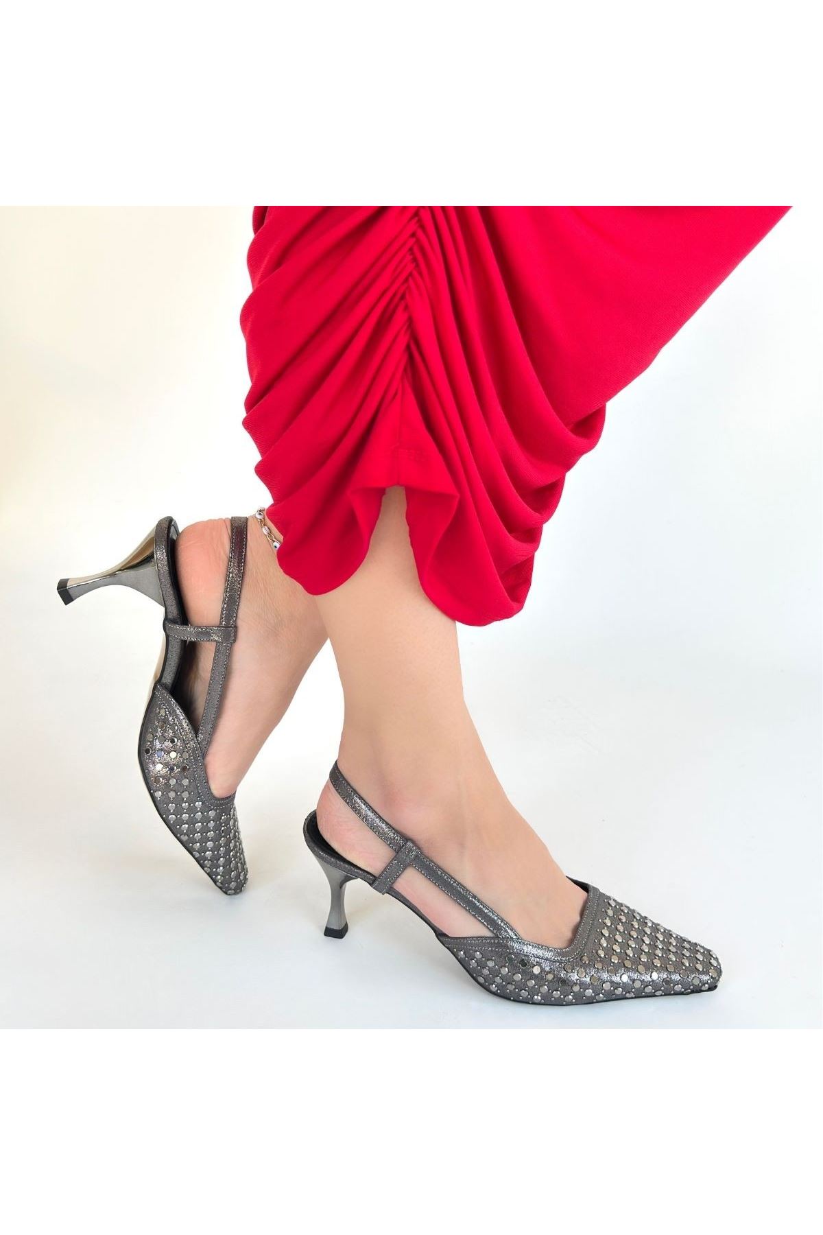 Sione Platin Cilt Topuklu Ayakkabı