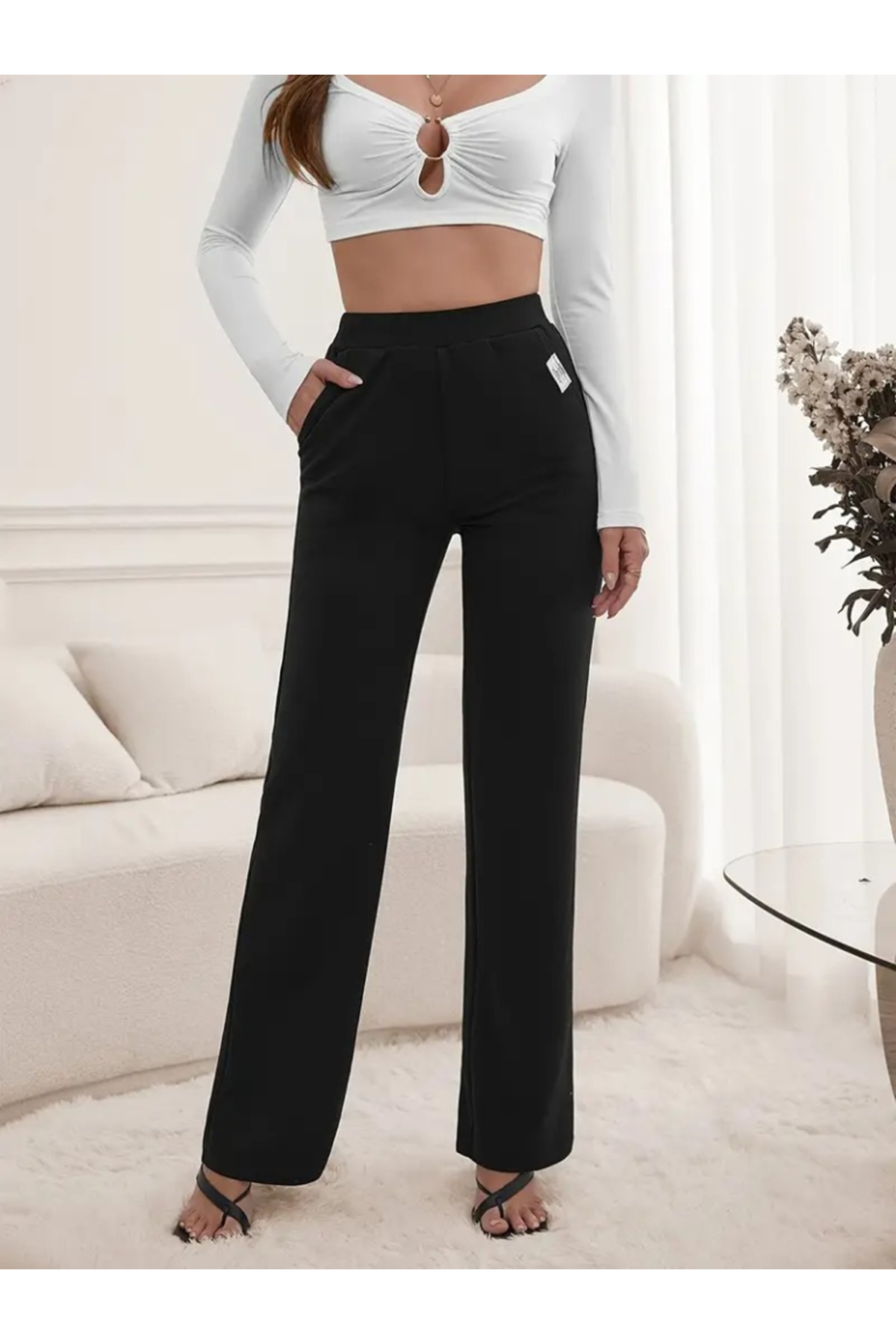Kadın Yüksek Bel Cepli Geniş Kesim Ithal Krep Pantolon