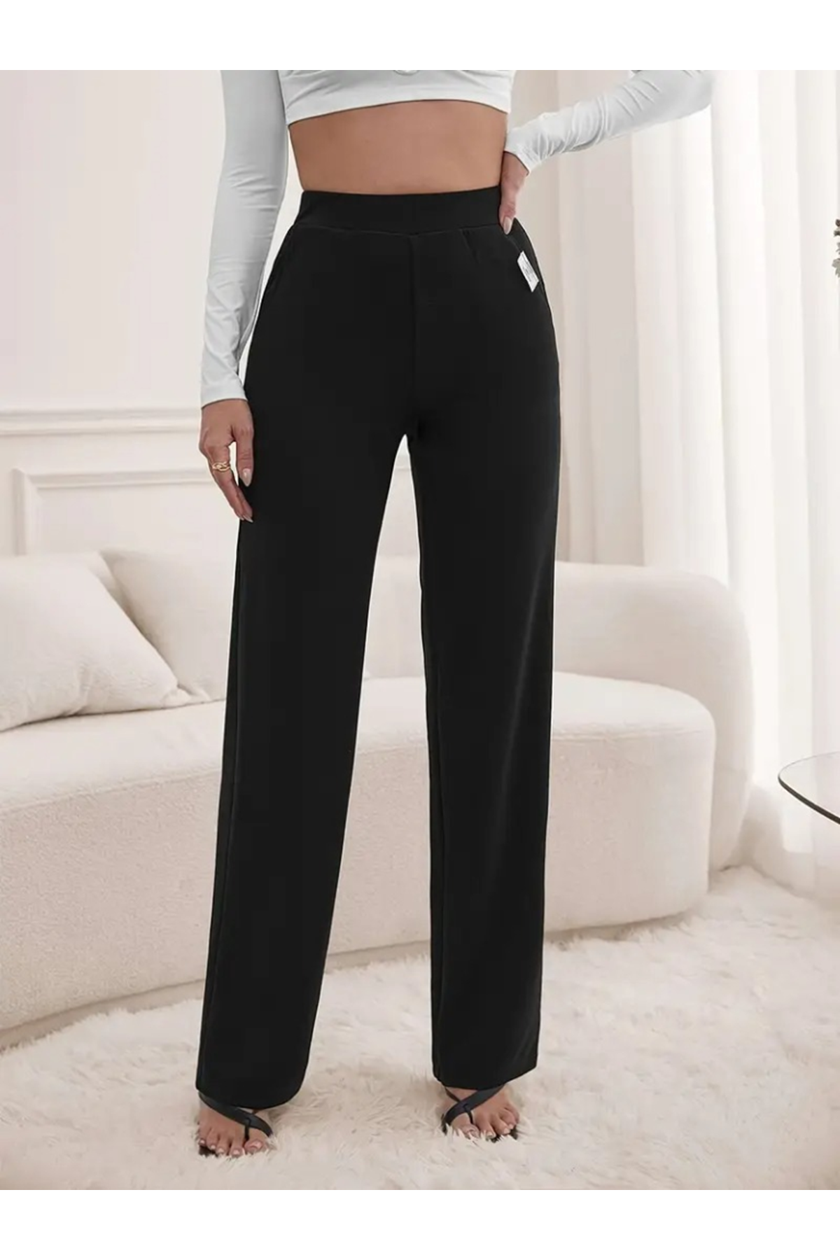 Kadın Yüksek Bel Cepli Geniş Kesim Ithal Krep Pantolon