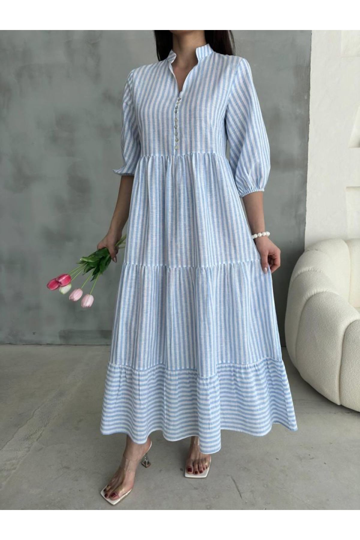 ÇİZGİLİ KETEN HAKİM YAKA DÜĞMELİ SALAŞ ELBİSE - Mavi