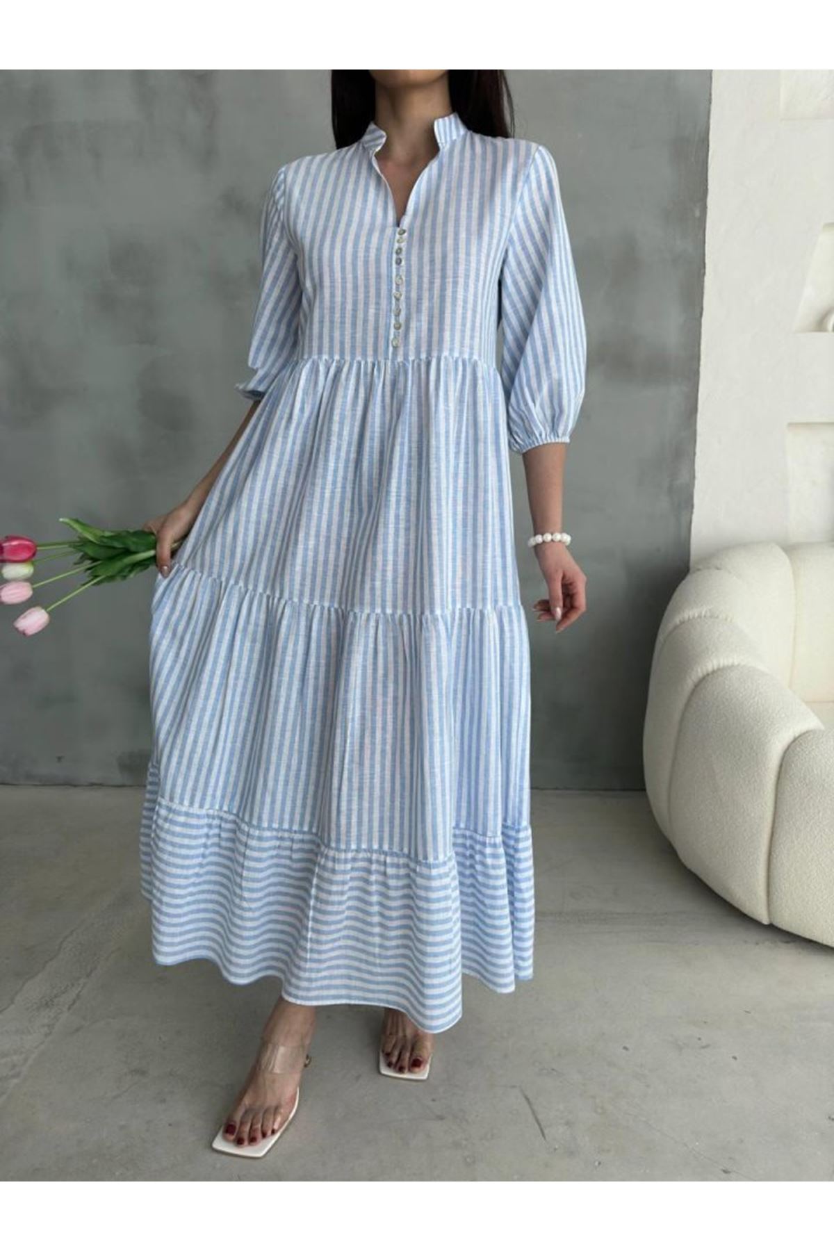 ÇİZGİLİ KETEN HAKİM YAKA DÜĞMELİ SALAŞ ELBİSE - Mavi
