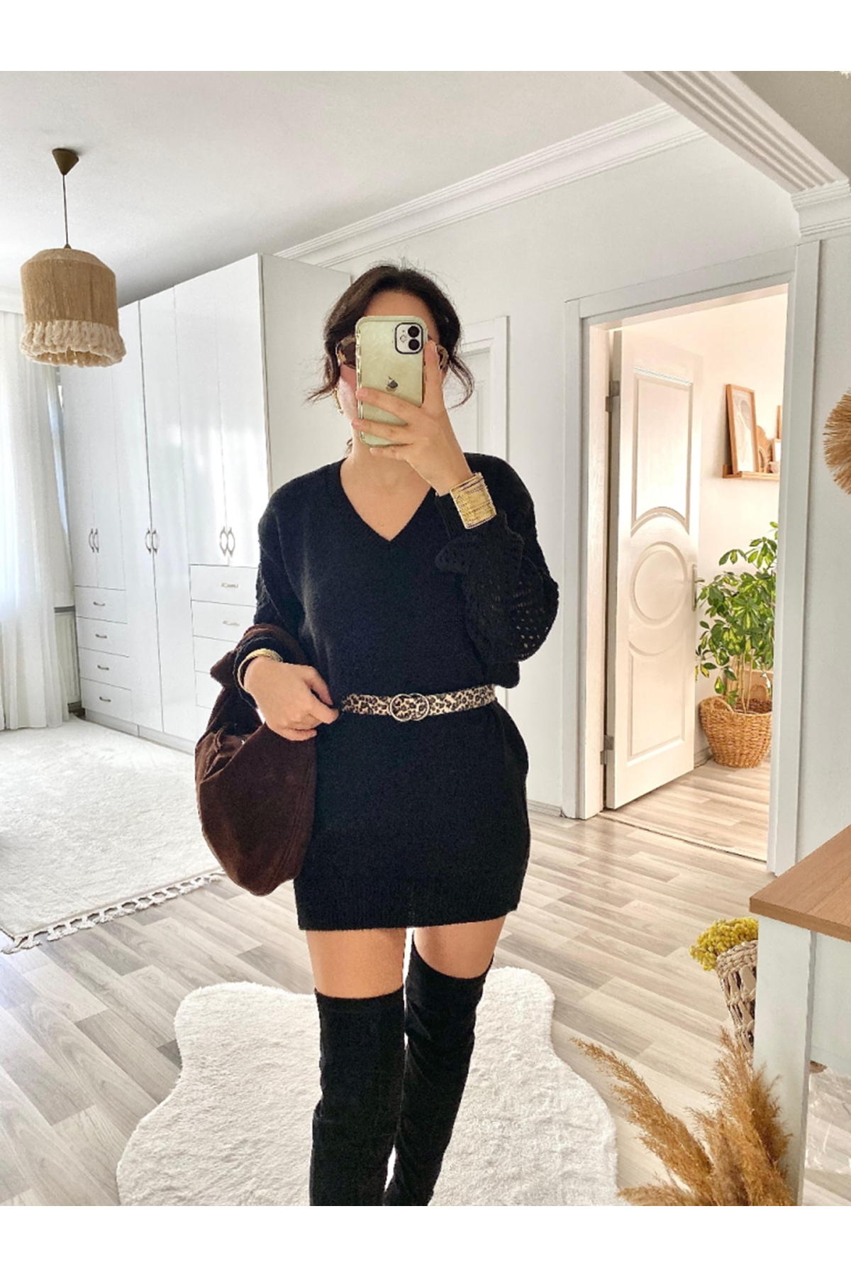 Kadın Uzun Kollu V Yakalı Mini Triko Elbise