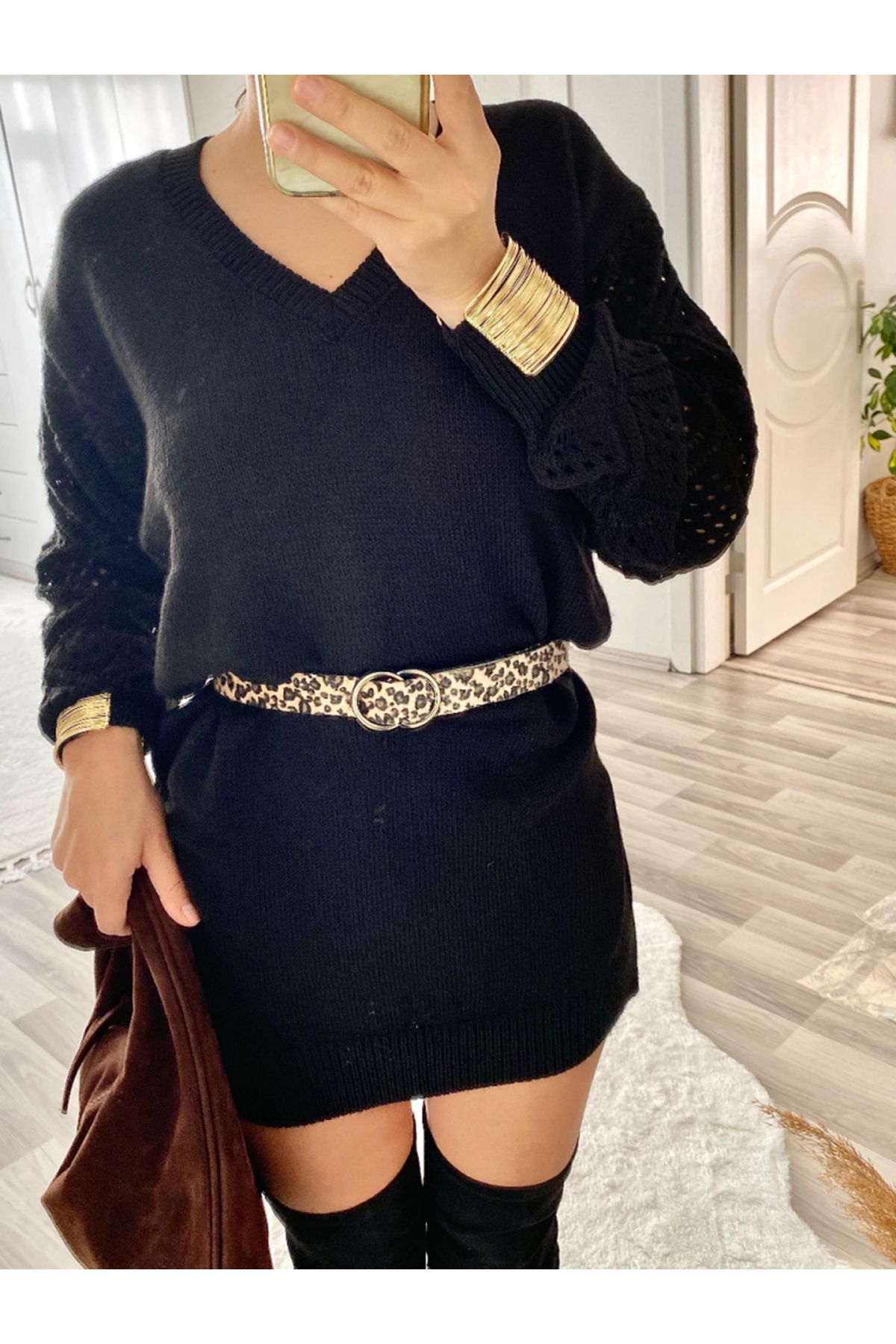 Kadın Uzun Kollu V Yakalı Mini Triko Elbise